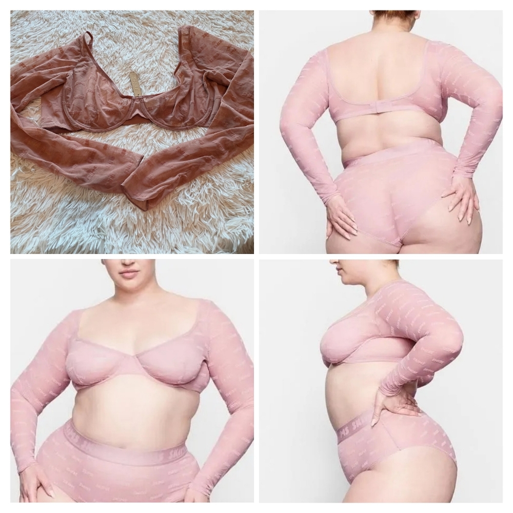 SKIMS After Hours Bra Top Long Sleeve Flocked Logo Mesh  ROSE CLAY 3X - Picture 13 of 13